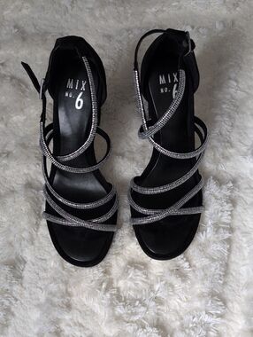 Mix No. 6 Black Strappy Rhinestone Heels